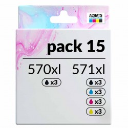 Pack de 15 cartouches compatibles PGI-570XL CLI-571XL Canon 3 X 570xl, 3 X 571xl noir, 3 X 571xl cyan, 3 X 571xl magenta, 3 X 57