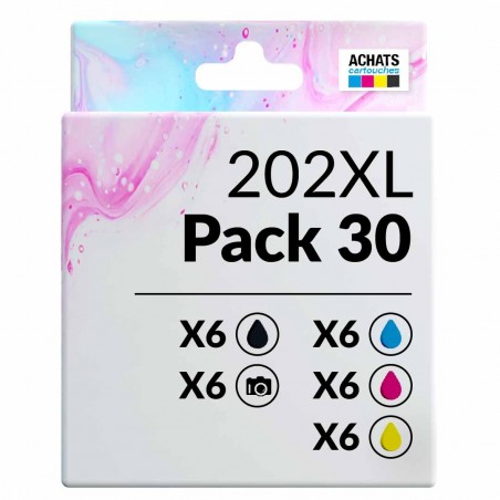 Pack de 30 cartouches compatibles 202XL Epson 6 noirs photo, 6 noirs, 6 cyan, 6 magenta, 6 jaune