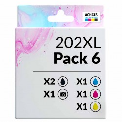 Pack de 6 cartouches compatibles 202XL Epson 2 noirs, 1 noir photo, 1 cyan, 1 magenta, 1 jaune