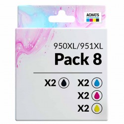 Pack de 8 cartouches compatibles 950XL/951XL HP 2 noirs, 2 cyan, 2 magenta, 2 jaune