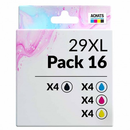 Pack de 16 cartouches compatibles 29XL Epson 4 noirs, 4 cyan, 4 magenta, 4 jaune Pack de 16 cartouches compatibles 29XL Epson 4 noirs, 4 cyan, 4 magenta, 4 jaune