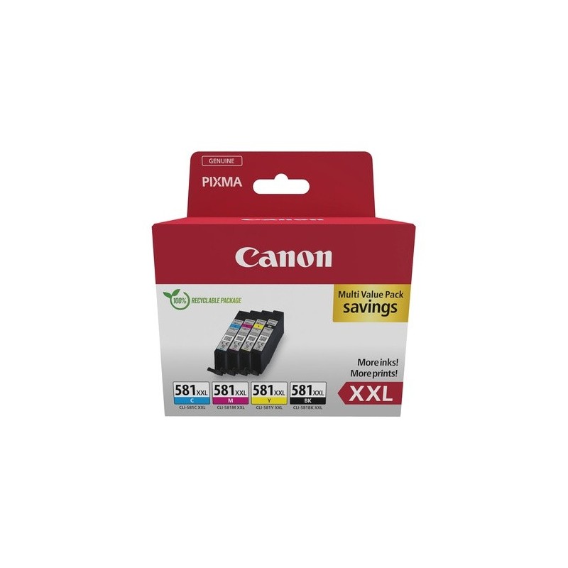 Canon 1998C007 Canon CLI581XXL 1998C007 Pack de 4 cartouches originales Noir, Cyan, Jaune, Magenta