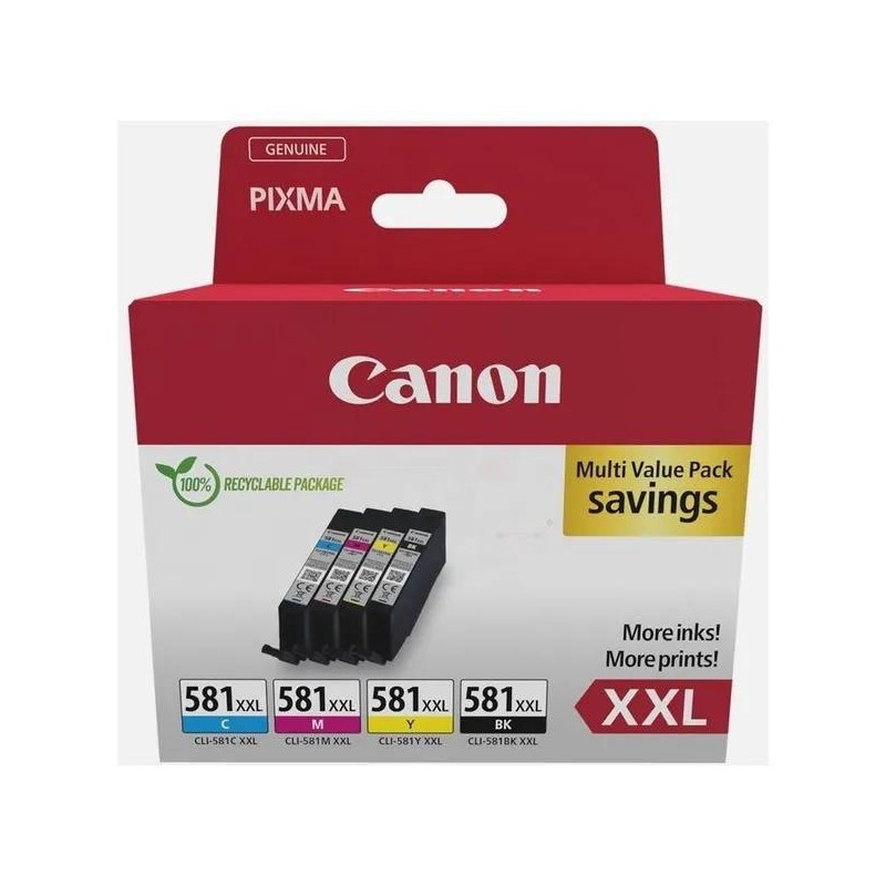  Canon CLI581XXL 1998C006 Pack de 4 cartouches originales Noir, Cyan, Jaune, Magenta