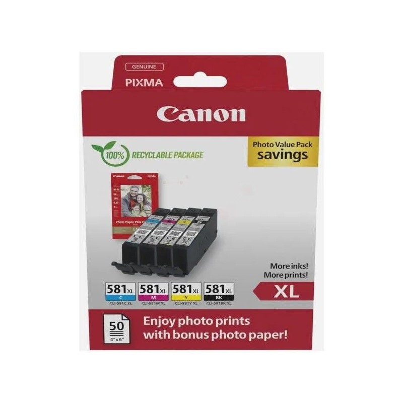  Canon CLI581XL 2052C006 Pack de 4 cartouches originales Noir, Cyan, Jaune, Magenta
