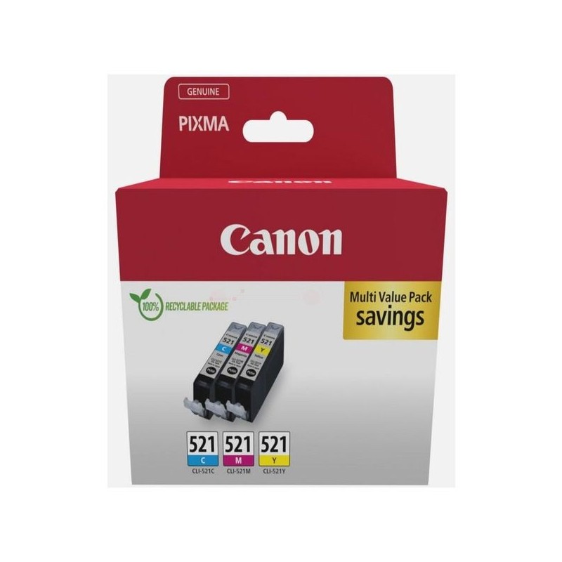  Canon CLI521Z 2934B016 Pack de 3 cartouches originales Cyan, Magenta, Jaune