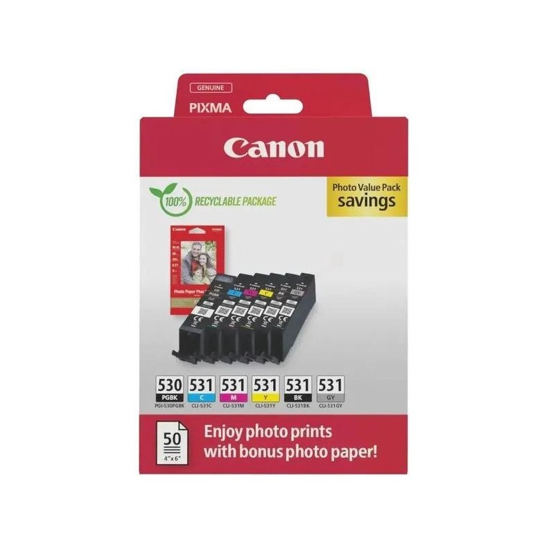  Canon PGI530 CLI531 PP201 6117C004 Pack de 6 cartouches originales Noir, Photo Noir, Jaune, Cyan, Magenta, Gris